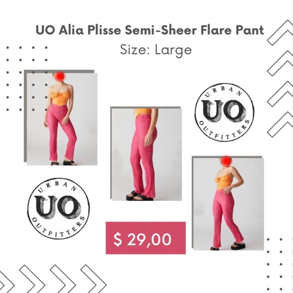 UO Alia Plisse Semi-Sheer Flare Pant Large Pink - Picture 1 of 4